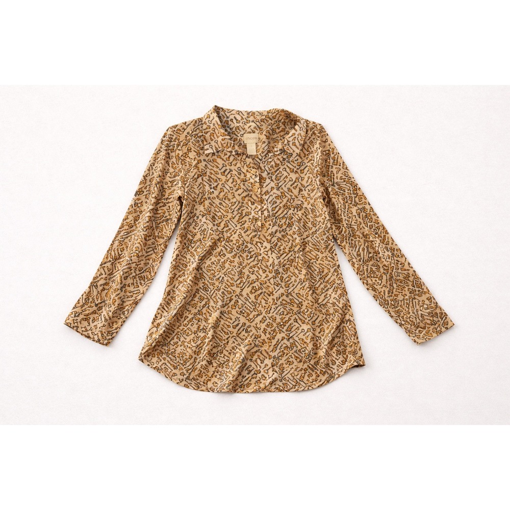 Chicos Skeleton Key Print Viscose Blouse  Sz 1 Long Sleeve Button‎ Front Novelty